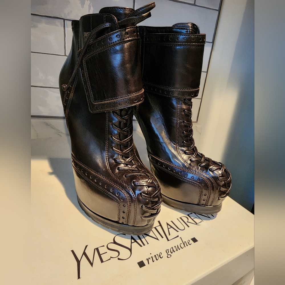 Yves Saint Laurent Tribtoo 105 Lace-Up Bootie in brown leather.